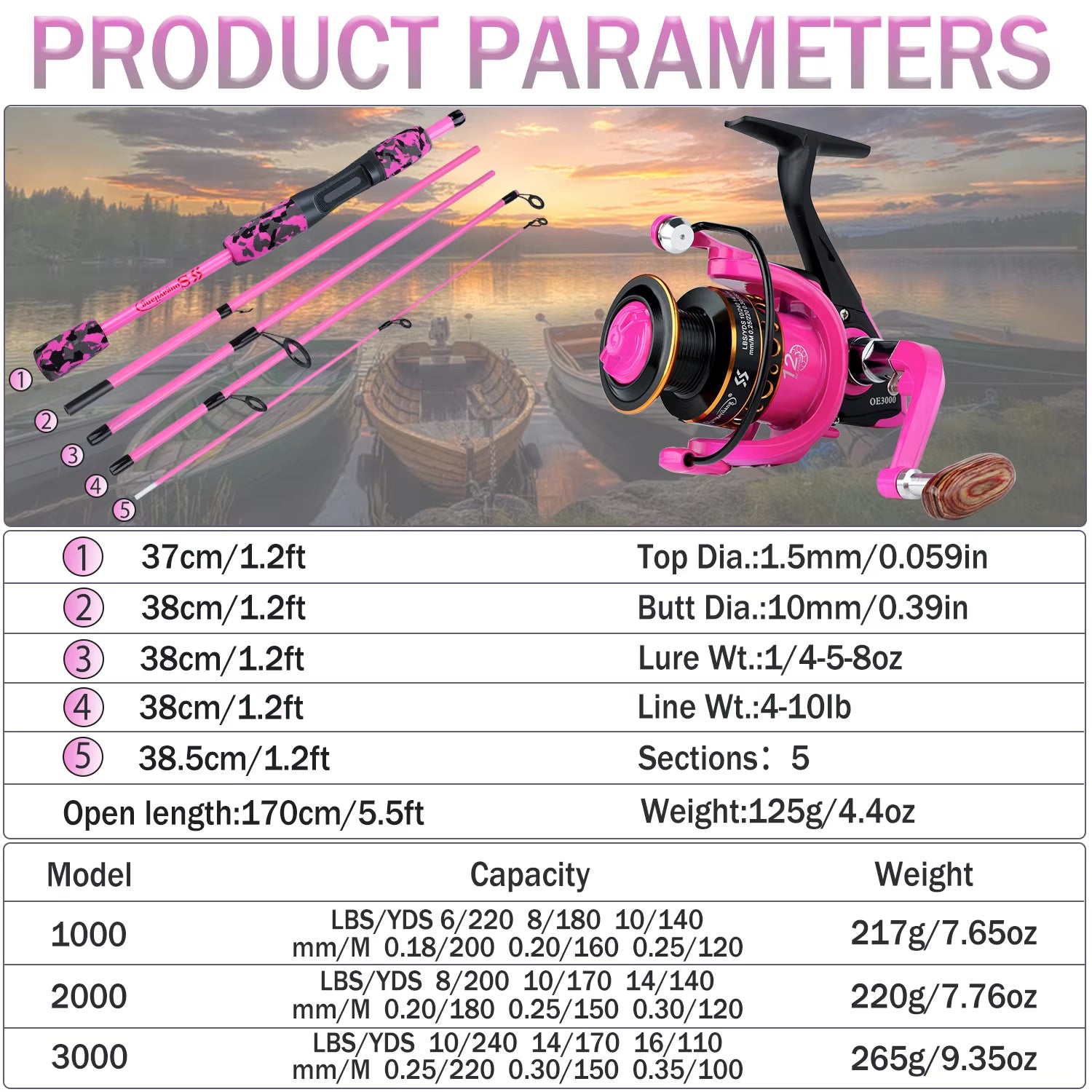 Portable 5 Sections Fishing Rod Combo Fishing Rod and 1000 -3000 Series Spinning Reel Set Pesca Fishing Tackle