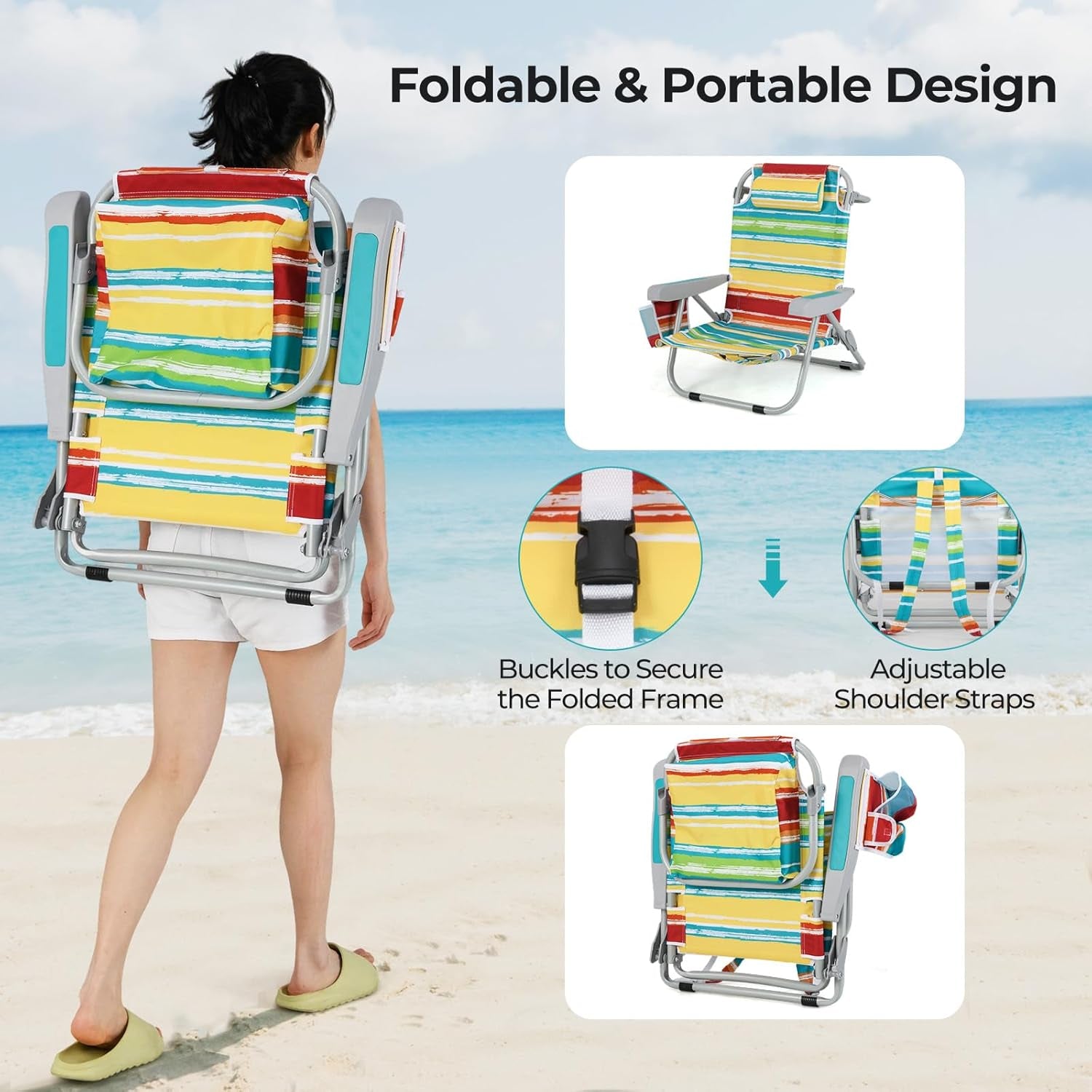 Backpack Beach Chair, Foldable Camping Chair with 5 Adjustable Position, Cup Holder, Storage Pockets, Straps, Towel Rack, Pillow, Lay Flat Lawn Chair for Patio Outdoor, Color Stripe