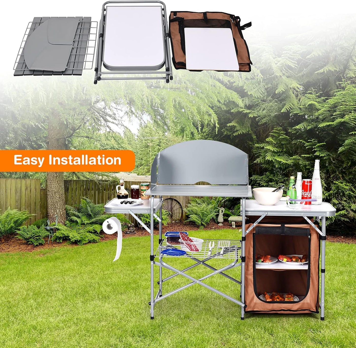 Folding Grill Table with 26'' Tabletop and Detachable Windscreen, Aluminum Portable Camp Cook Station Carry Bag Quick Set-Up, BBQ Camping Picnic Backyard Outdoor Camping Kitchen Table (Brown)