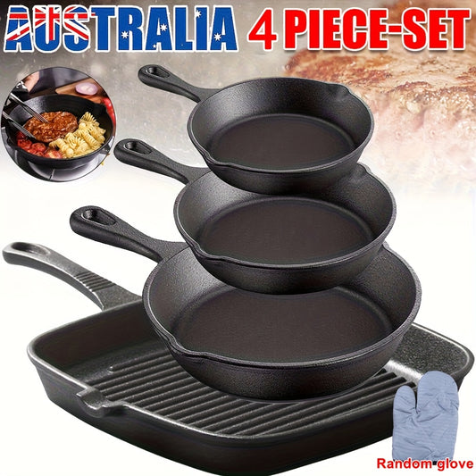 4pcs Kitchen Saute Fry Pan - Pre-Seasoned Cast Iron Skillet Set