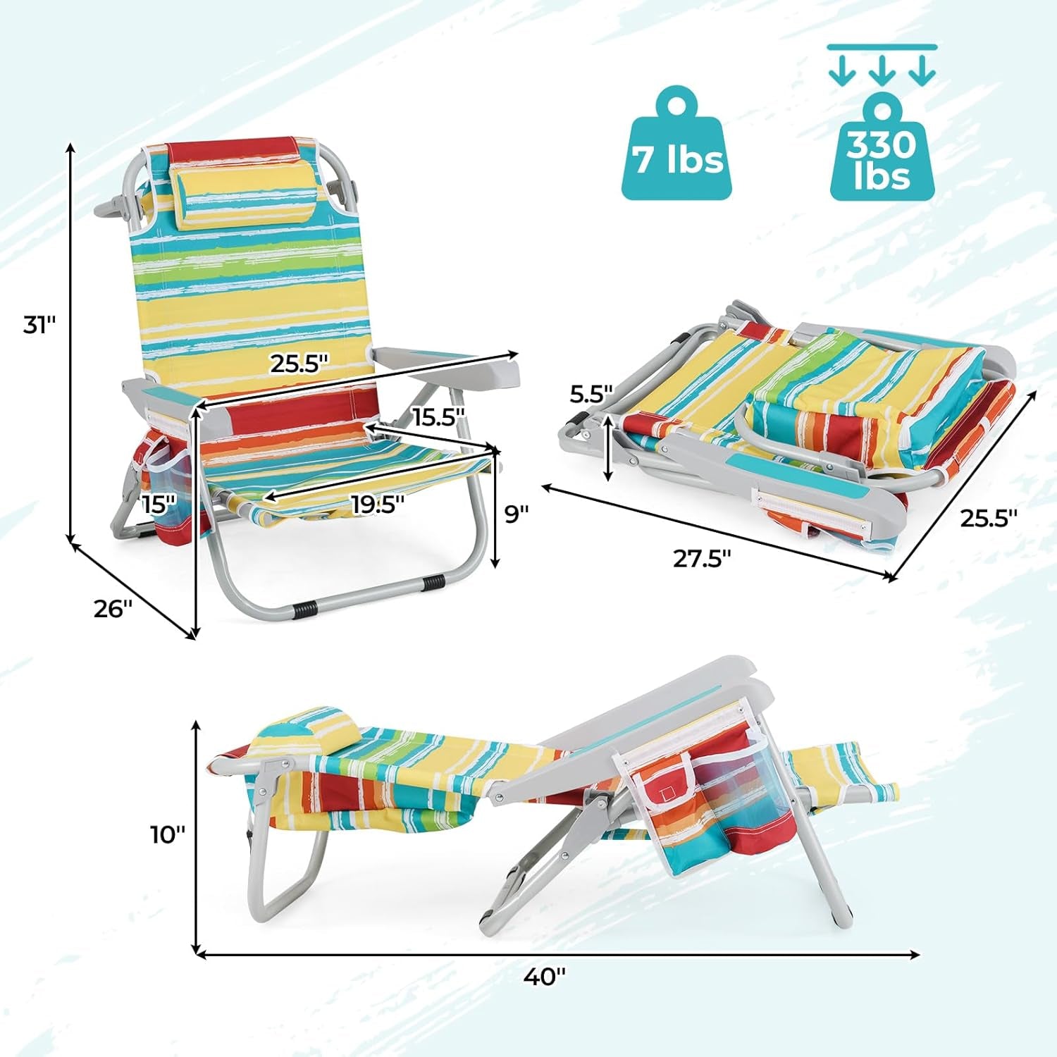 Backpack Beach Chair, Foldable Camping Chair with 5 Adjustable Position, Cup Holder, Storage Pockets, Straps, Towel Rack, Pillow, Lay Flat Lawn Chair for Patio Outdoor, Color Stripe