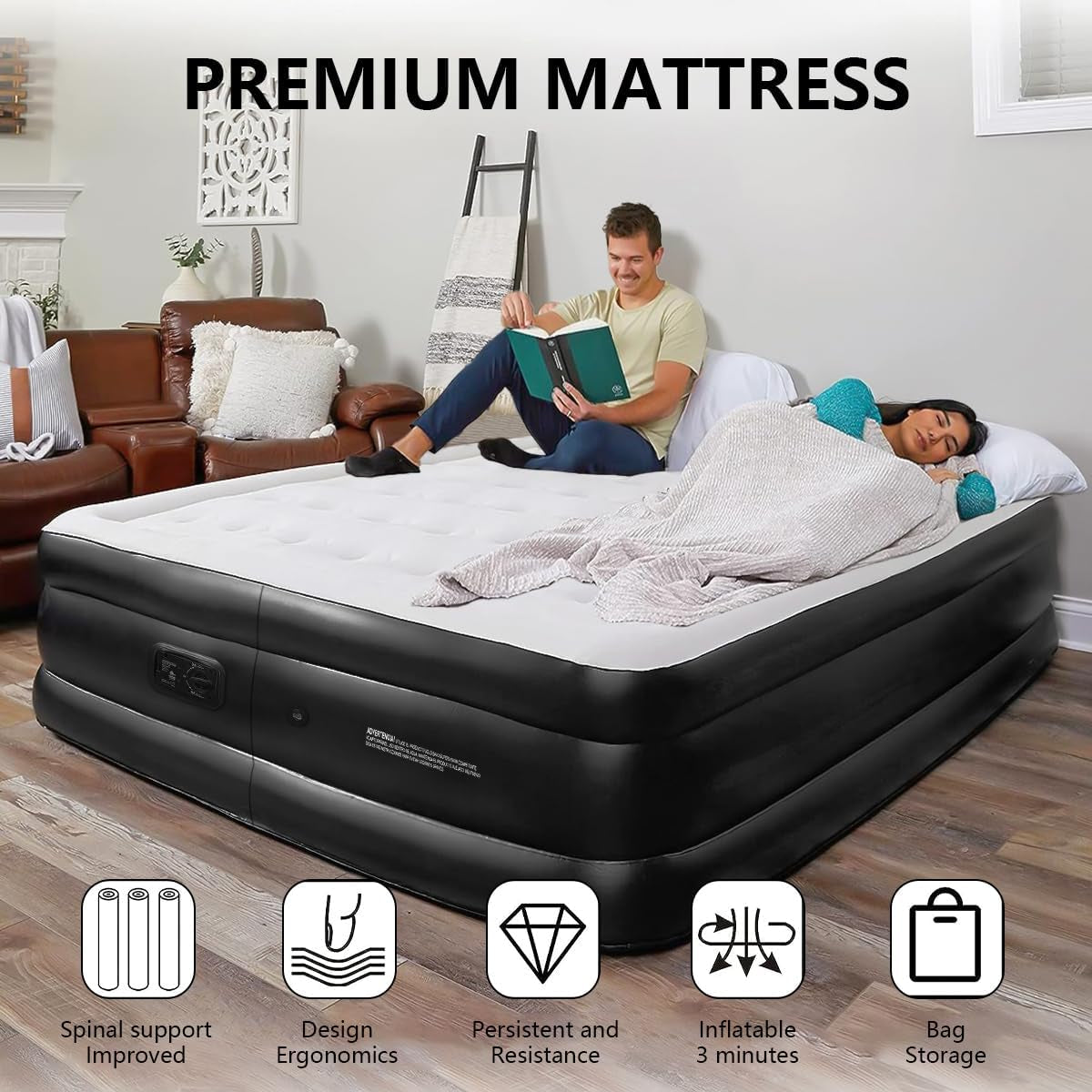 Queen Size Air Mattress,Built-In Air Pump,Automatic Inflating/Deflating PVC Waterproof Material,Skin-Friendly Flocking Surface,203×152×47Cm,300Kg MAX, Suitable for Family Camping