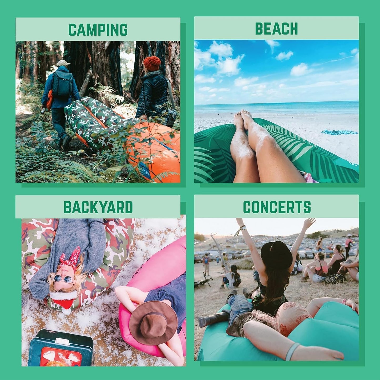 Shwaggins Inflatable Couch – No-Pump Setup, Ripstop Polyester, Stability Pegs, Fun Prints, Portable Air Lounger for Beach, Camping, Festivals, and Tailgating - Green Wave