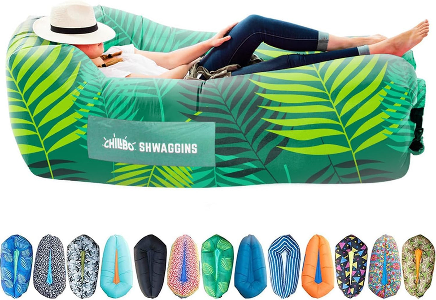 Shwaggins Inflatable Couch – No-Pump Setup, Ripstop Polyester, Portable Air Lounger for Beach, Camping, Festivals - Green Leaf