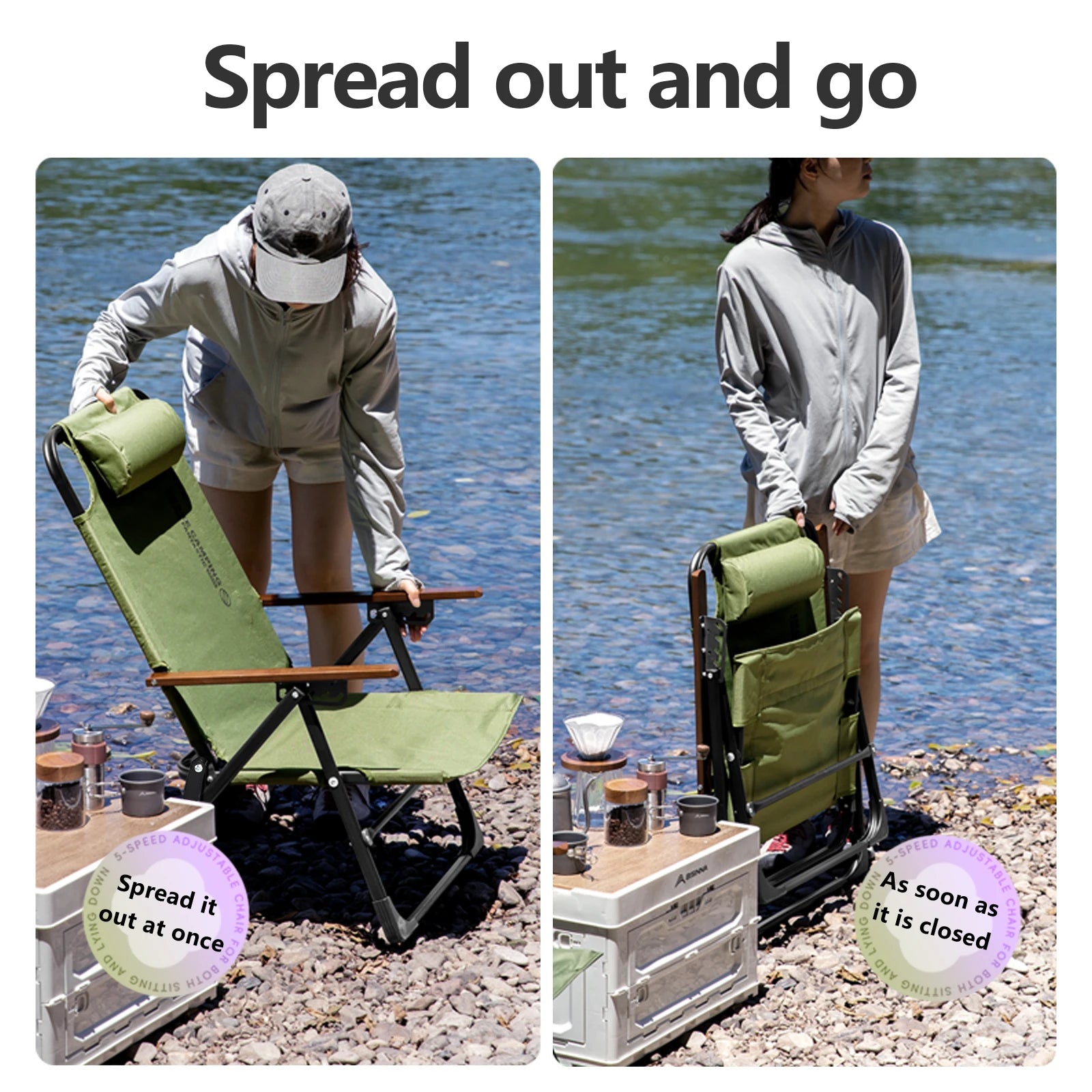 Camping Folding Chair Adjustable Armrest Portable Relaxing Chair with Detachable Pillow for Beach Travel Hiking