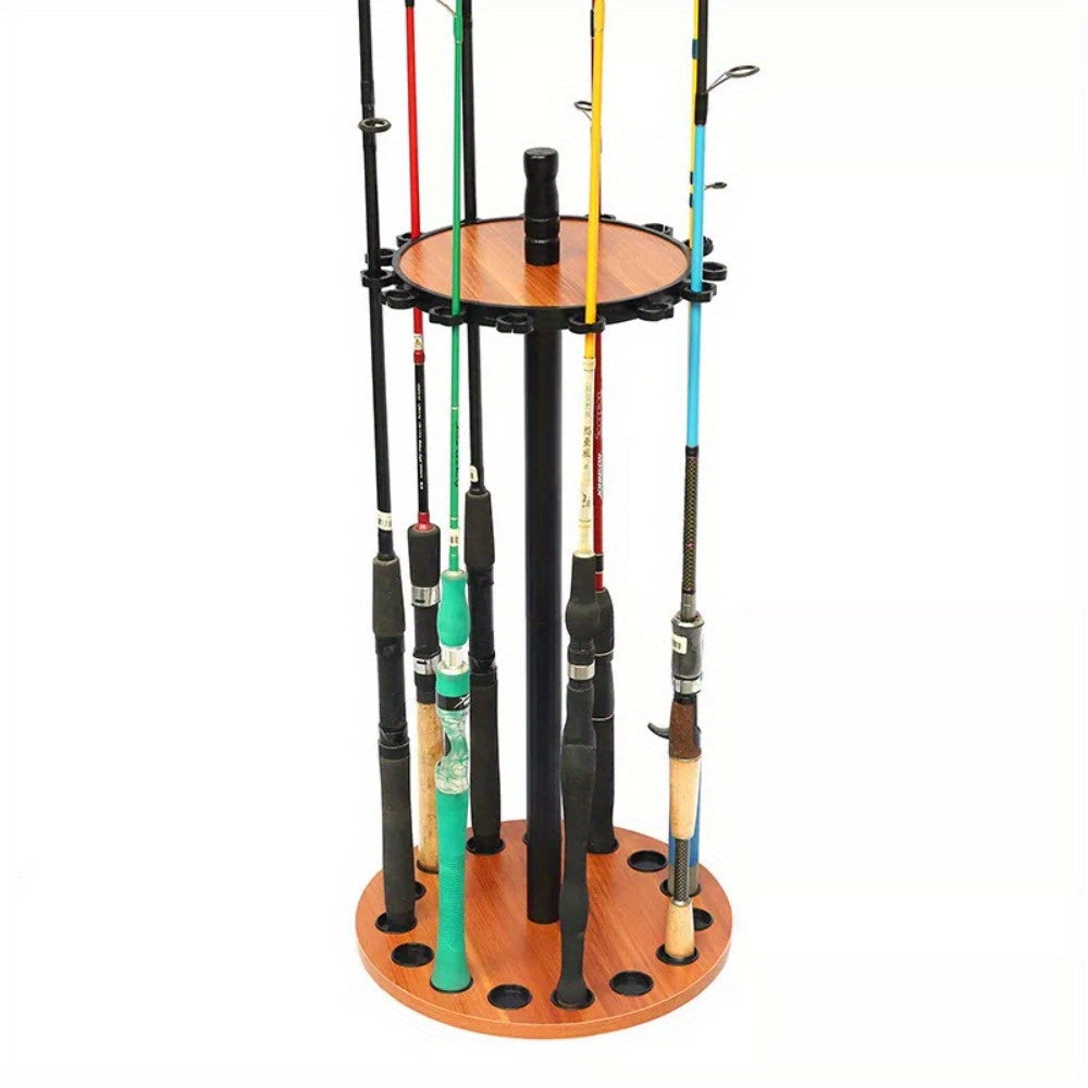 15 Pole Brown Disc Fishing Rod Display Rack, Rotating Wooden