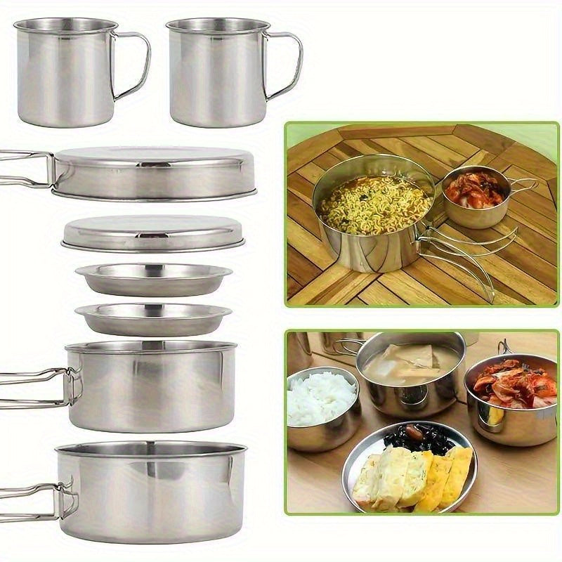 8pcs Stainless Steel Camping Cookware Set with Pots and Pans,  Plates & Cups