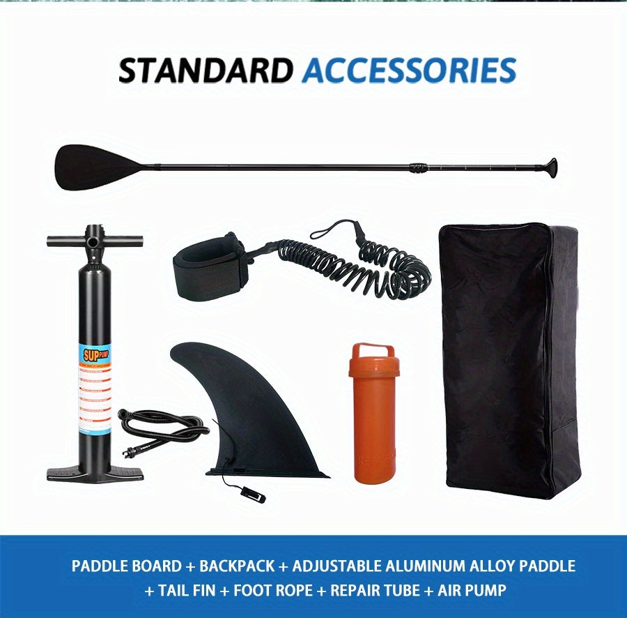 Inflatable Paddle Board, Pump, Backpack, Foot Rope, Detachable Fin, Paddle, and Repair Kit
