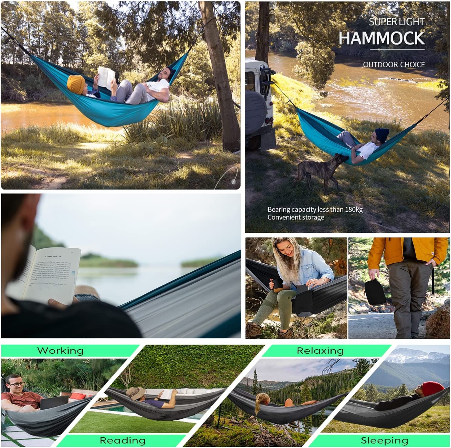 Hammock Camping, Portable Single/Double Hammocks for Outdoor Hiking Travel Backpacking - 210D Nylon Hammock Swing for Backyard & Garden (Green/Khaki)