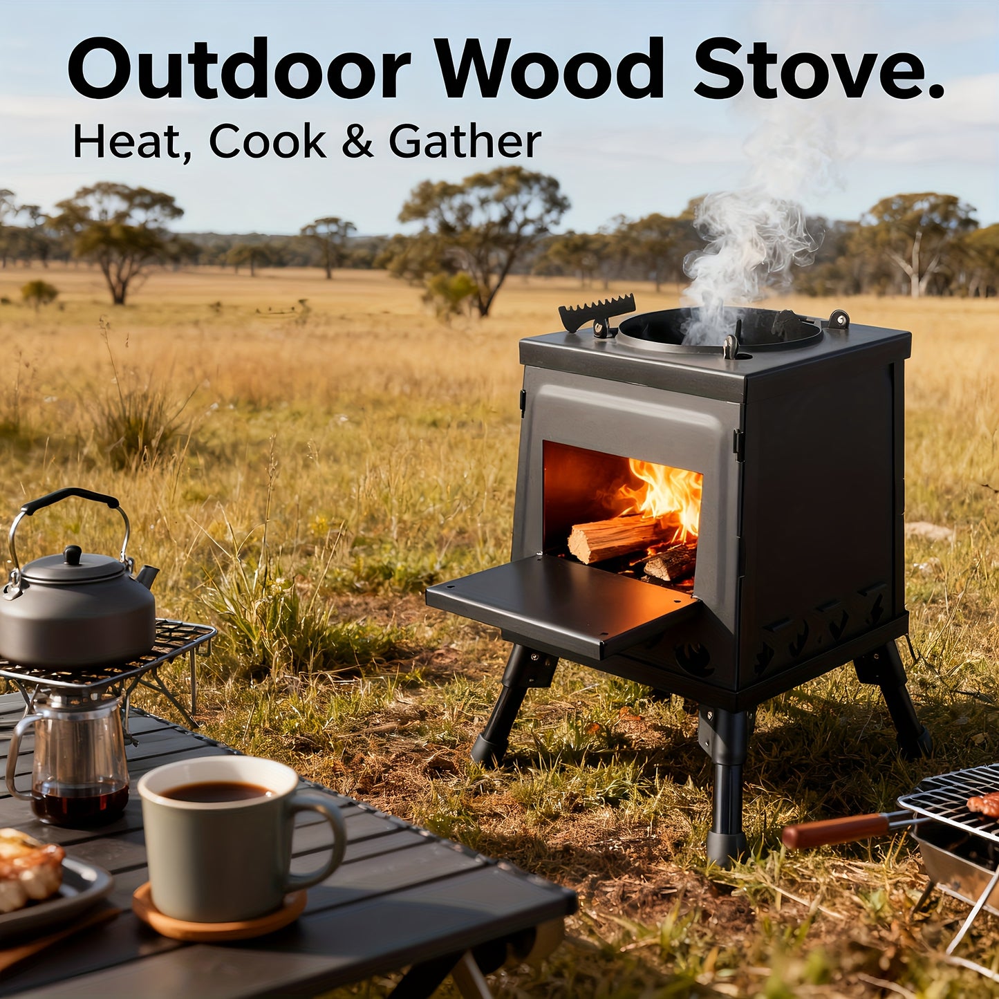Portable Wood Camping Stove, Durable Folding Firewood Stove BBQ