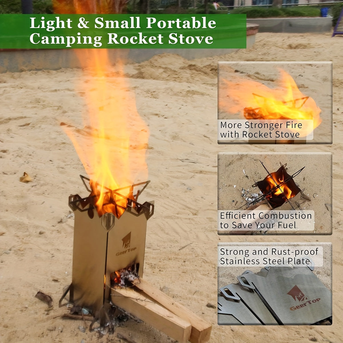 Outdoor Rocket Stove - Uncharged, Stainless Steel, Geertop, No Magnesium Rod/Flint