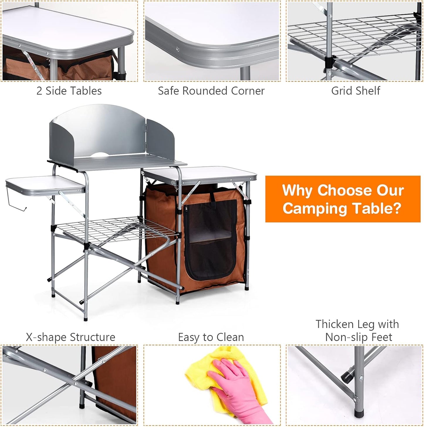 Folding Grill Table with 26'' Tabletop and Detachable Windscreen, Aluminum Portable Camp Cook Station Carry Bag Quick Set-Up, BBQ Camping Picnic Backyard Outdoor Camping Kitchen Table (Brown)