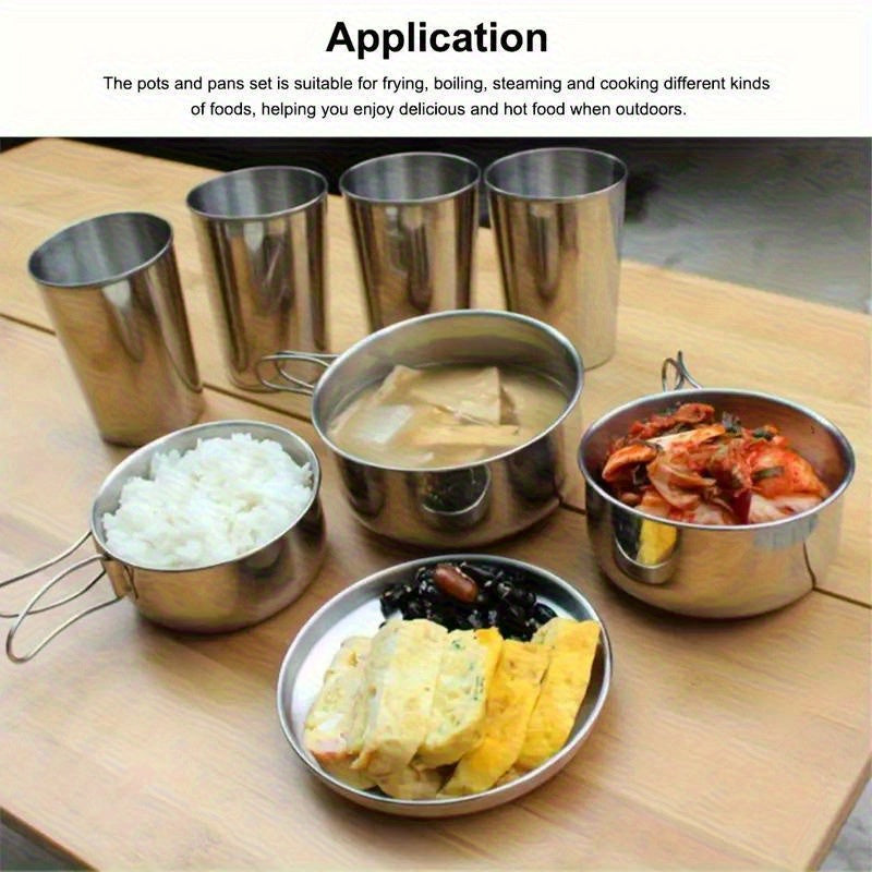8pcs Stainless Steel Camping Cookware Set with Pots and Pans,  Plates & Cups