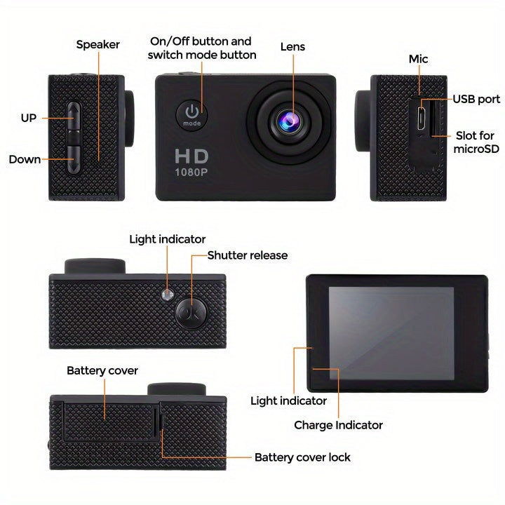 1080P Action Camera with 2-inch LCD Screen 5MP, 170° Zoom Wide Angle
