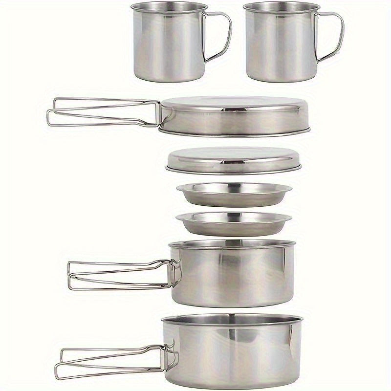 8pcs Stainless Steel Camping Cookware Set with Pots and Pans,  Plates & Cups
