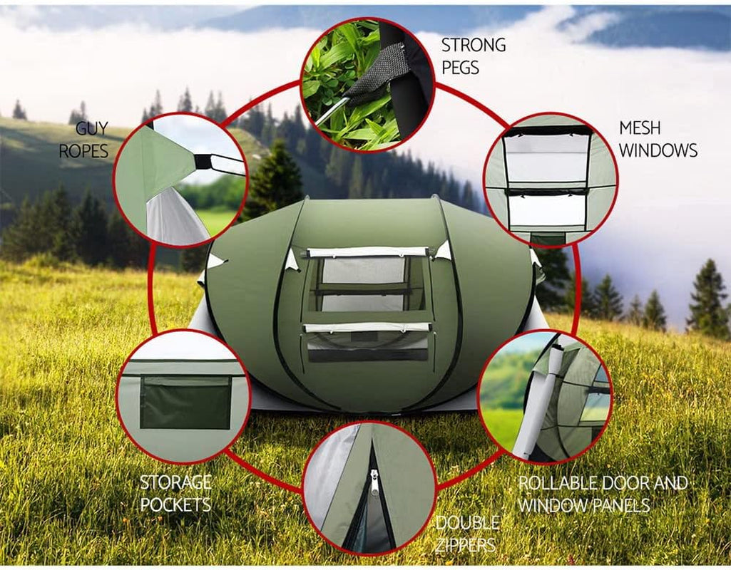 Pop up Camping Tent, 5 Person Easy Setup Dome Tents Outdoor Family Travel Hiking Trip, Portable Shelter Sun Protection Water Resistance Green.