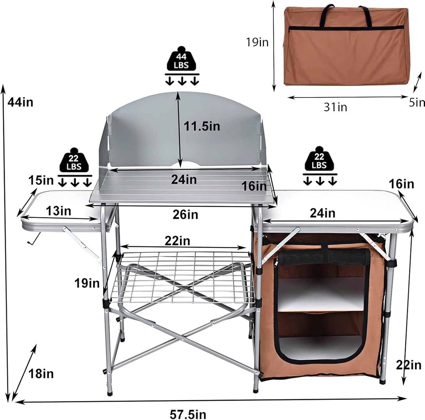 Folding Grill Table with 26'' Tabletop and Detachable Windscreen, Aluminum Portable Camp Cook Station Carry Bag Quick Set-Up, BBQ Camping Picnic Backyard Outdoor Camping Kitchen Table (Brown)