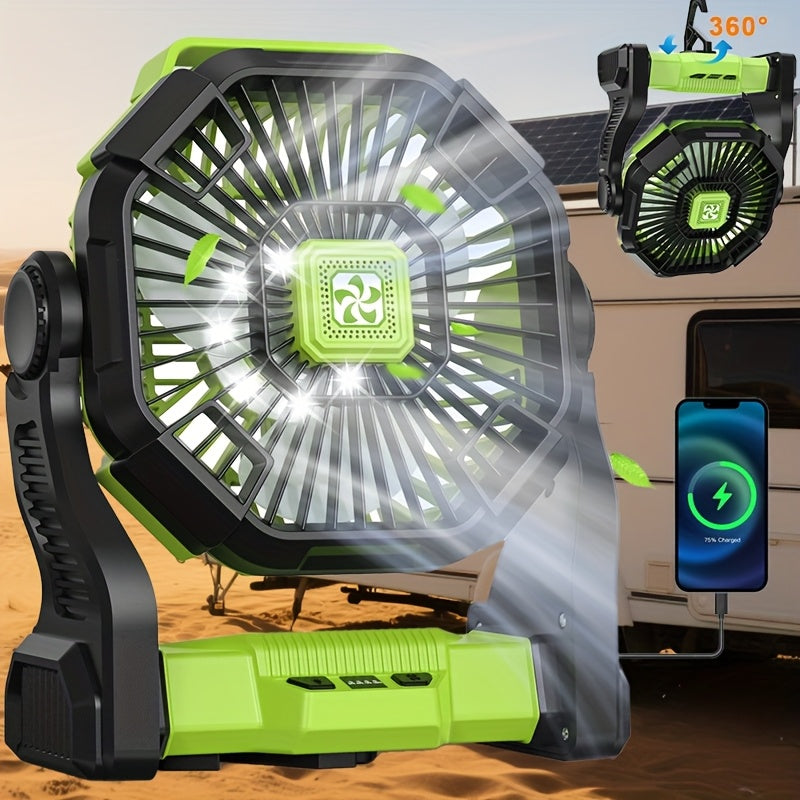 3-in-1 Portable Camping Fan with USB Power, LED Light & High-Speed Cooling - Rechargeable