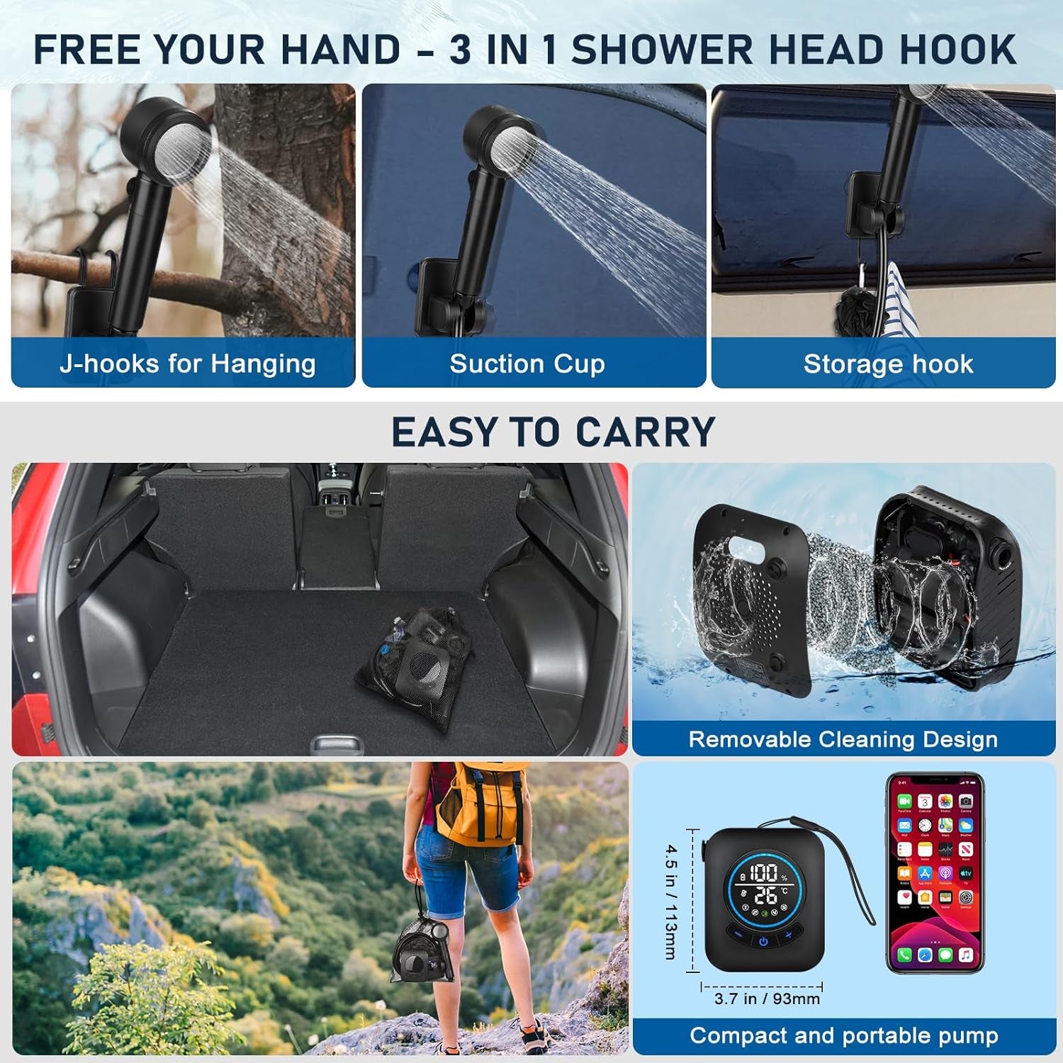 Portable Shower for Camping, [8000Mah Long-Lasting]  Rechargeable Camping Shower, Intelligent LED Display, 5 Speed Mode, Electric Shower Pump for Camping, Hiking, Travel, Car & Pet Clean