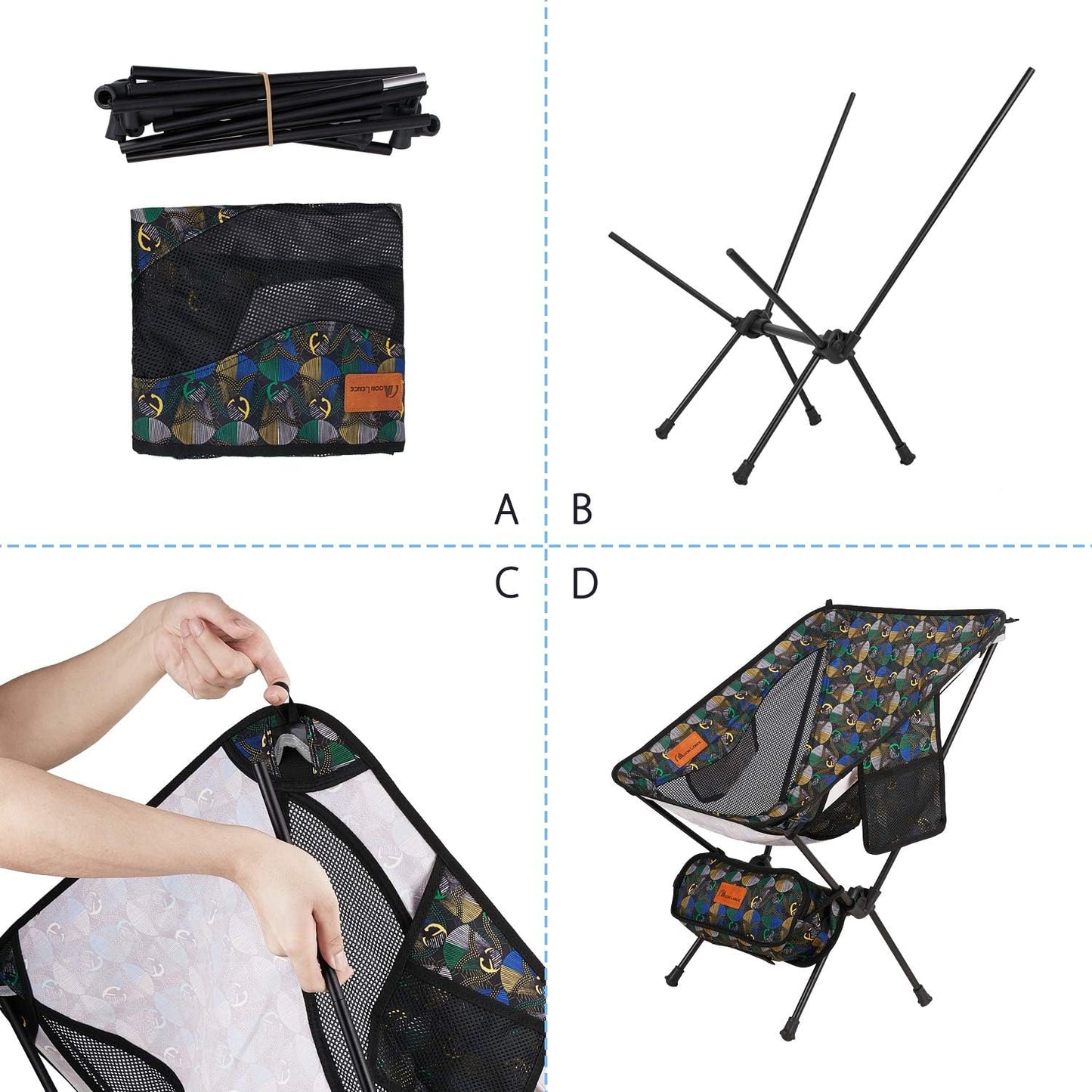 Outdoor Chair, Camping Chair, Compact, Foldable, Ultra Lightweight, Storage Bag, Hiking, Load Capacity 330.7 Lbs (150 Kg), Chair A