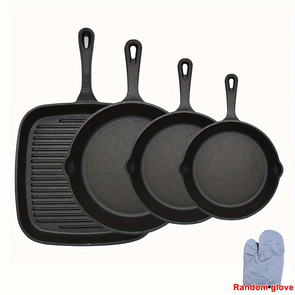 4pcs Kitchen Saute Fry Pan - Pre-Seasoned Cast Iron Skillet Set