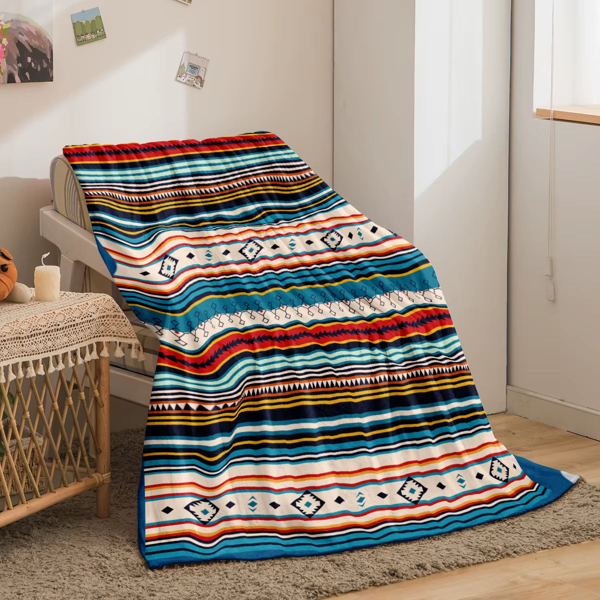 1PC Bohemian Stripes Pattern Printed Blanket, Suitable for Sofas, Beds, Offices, Travel, Camping Chairs, Warm Plush Blanket