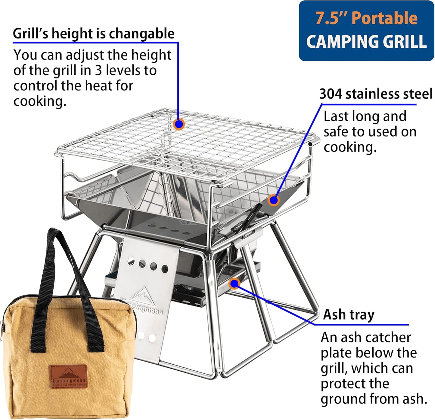 CAMPINGMOON Camping Grill Portable Tabletop Charcoal Grill Small Size Stainless Steel X-MINI