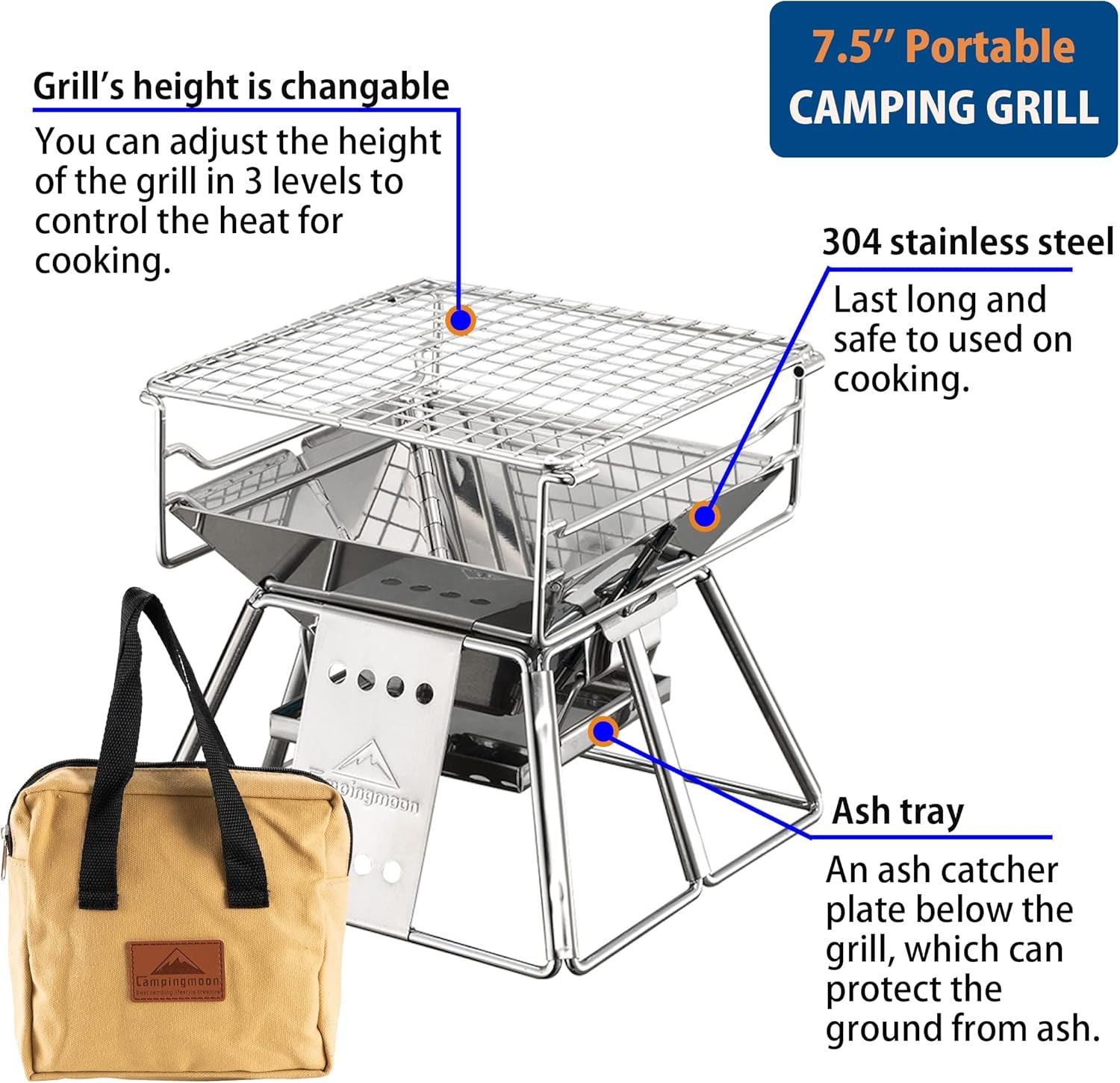 CAMPINGMOON Camping Grill Portable Tabletop Charcoal Grill Small Size Stainless Steel X-MINI