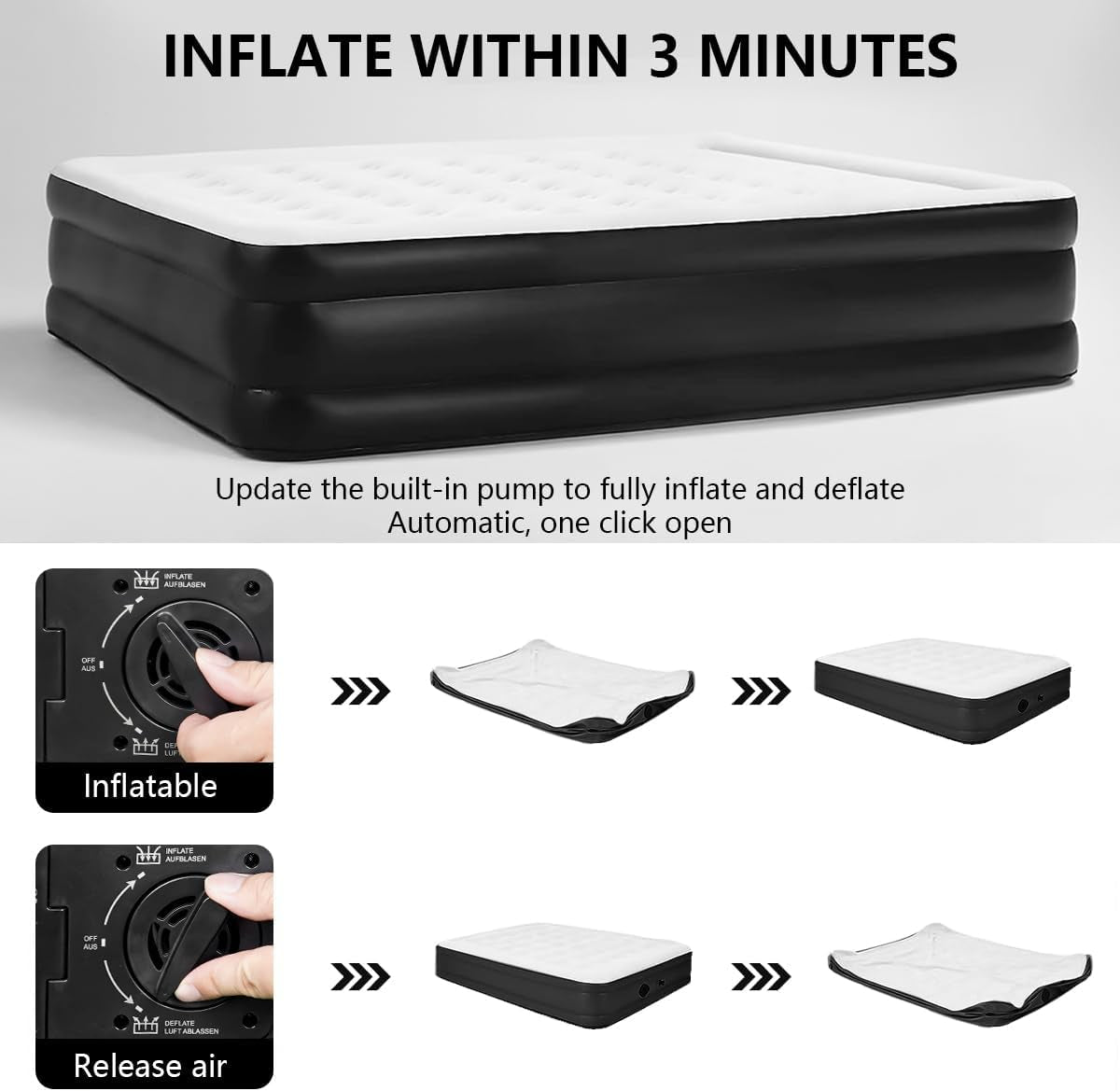 Queen Size Air Mattress,Built-In Air Pump,Automatic Inflating/Deflating PVC Waterproof Material,Skin-Friendly Flocking Surface,203×152×47Cm,300Kg MAX, Suitable for Family Camping