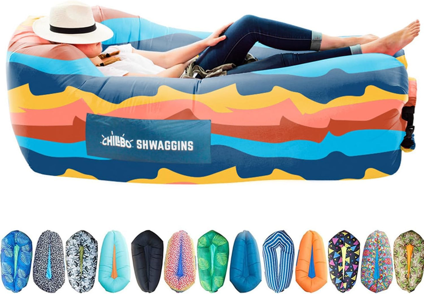 Shwaggins Inflatable Couch – No-Pump Setup, Ripstop Polyester, Stability Pegs, Fun Prints, Portable Air Lounger for Beach, Camping, Festivals, and Tailgating - Desert Daydream