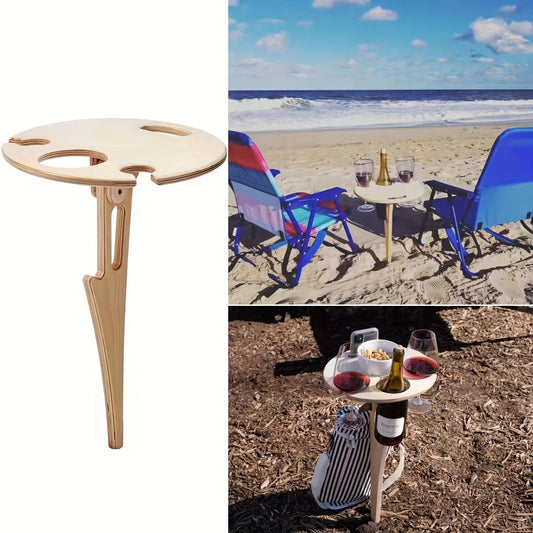 Portable Beach wine Table - Wooden Detachable base for portability