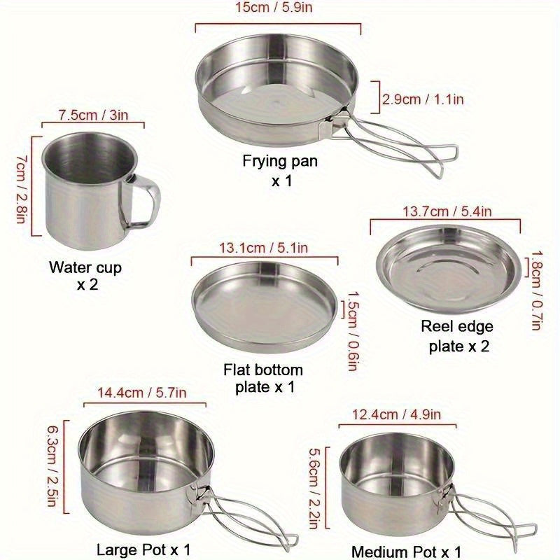 8pcs Stainless Steel Camping Cookware Set with Pots and Pans,  Plates & Cups