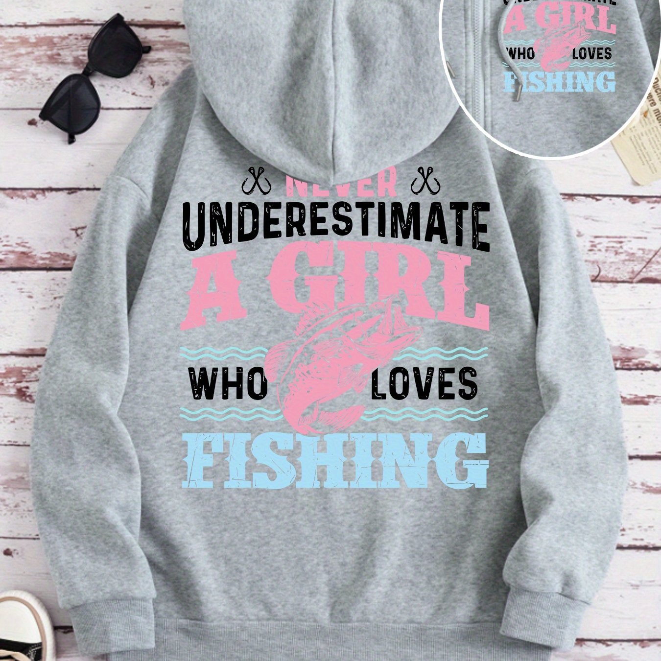 Women'S Fishing-Themed Zipper Hooded Jacket with Fishing Graphic