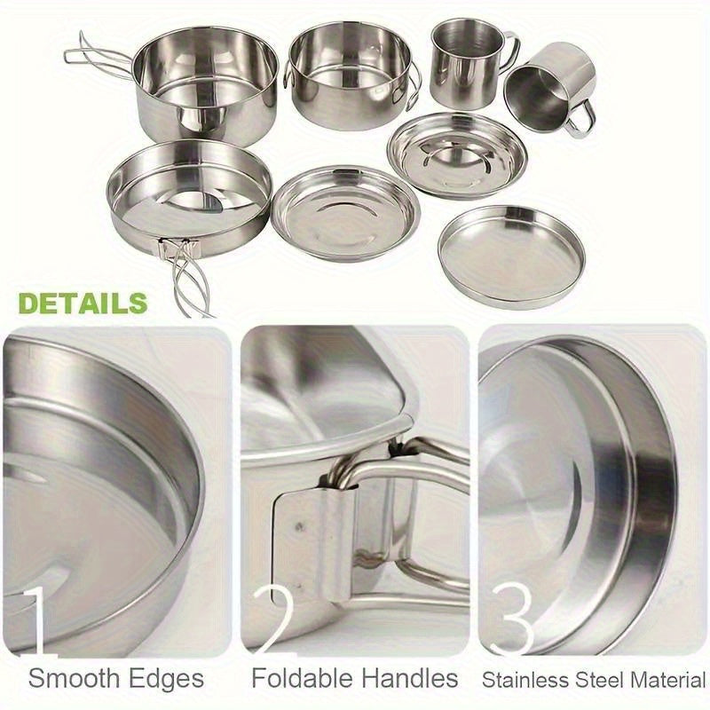 8pcs Stainless Steel Camping Cookware Set with Pots and Pans,  Plates & Cups