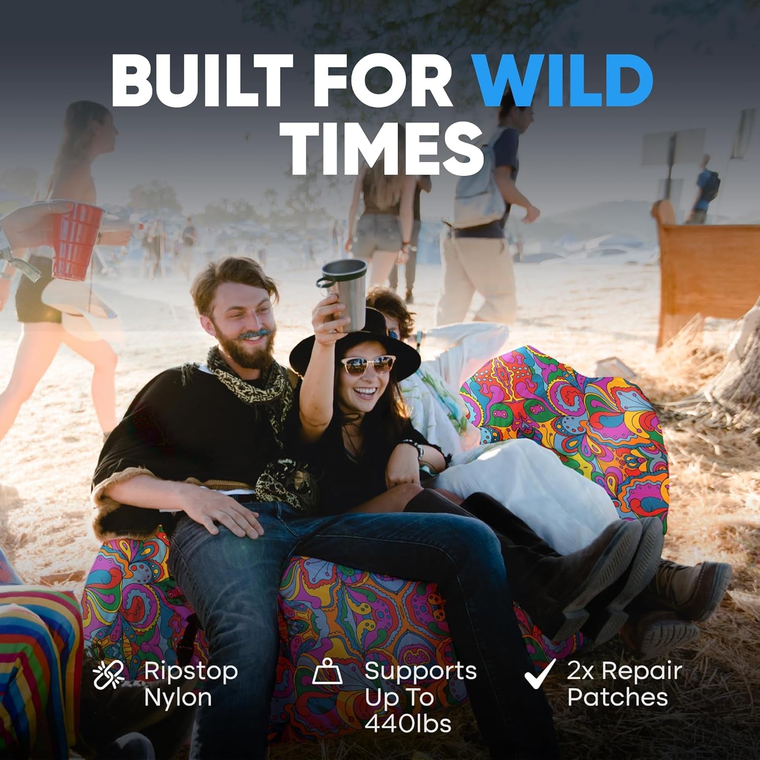 Shwaggins Inflatable Couch – No-Pump Setup, Ripstop Polyester, Stability Pegs, Fun Prints, Portable Air Lounger for Beach, Camping, Festivals, and Tailgating - 60S Psychedelic