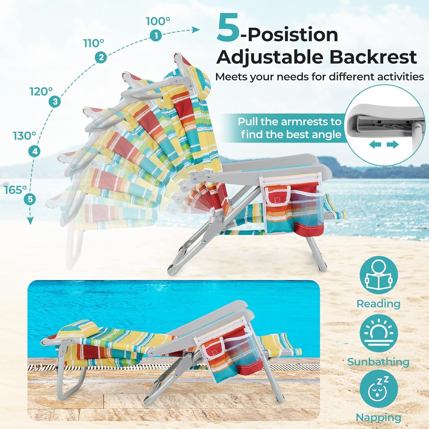 Backpack Beach Chair, Foldable Camping Chair with 5 Adjustable Position, Cup Holder, Storage Pockets, Straps, Towel Rack, Pillow, Lay Flat Lawn Chair for Patio Outdoor, Color Stripe