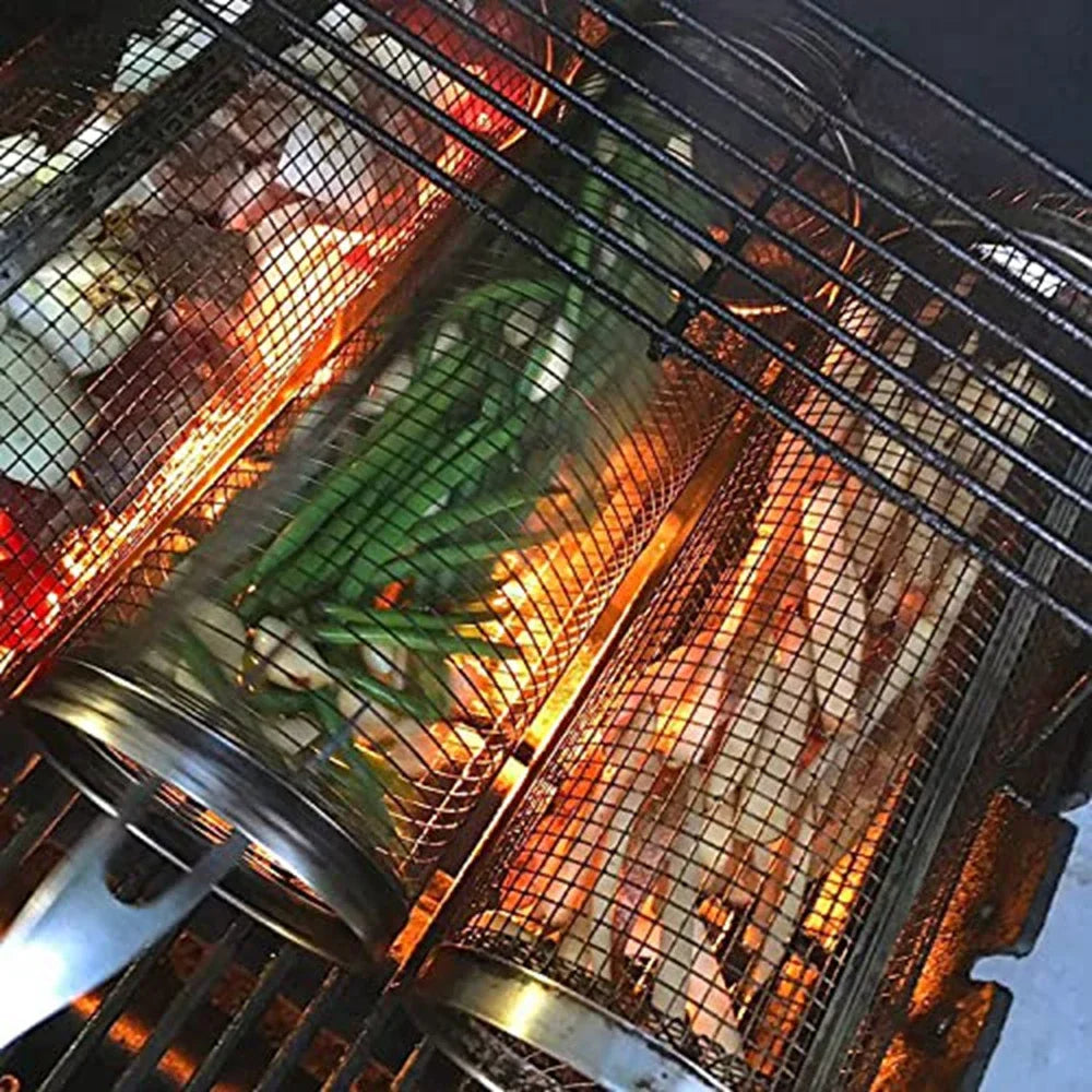 Rolling Grilling BBQ Basket Stainless Steel Leak proof Mesh Barbecue Rack Outdoor Picnic Camping Simple Cylindrical BBQ Grill