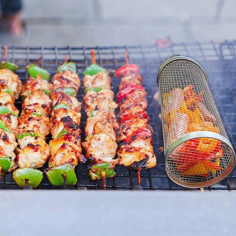 Rolling Grilling BBQ Basket Stainless Steel Leak proof Mesh Barbecue Rack Outdoor Picnic Camping Simple Cylindrical BBQ Grill