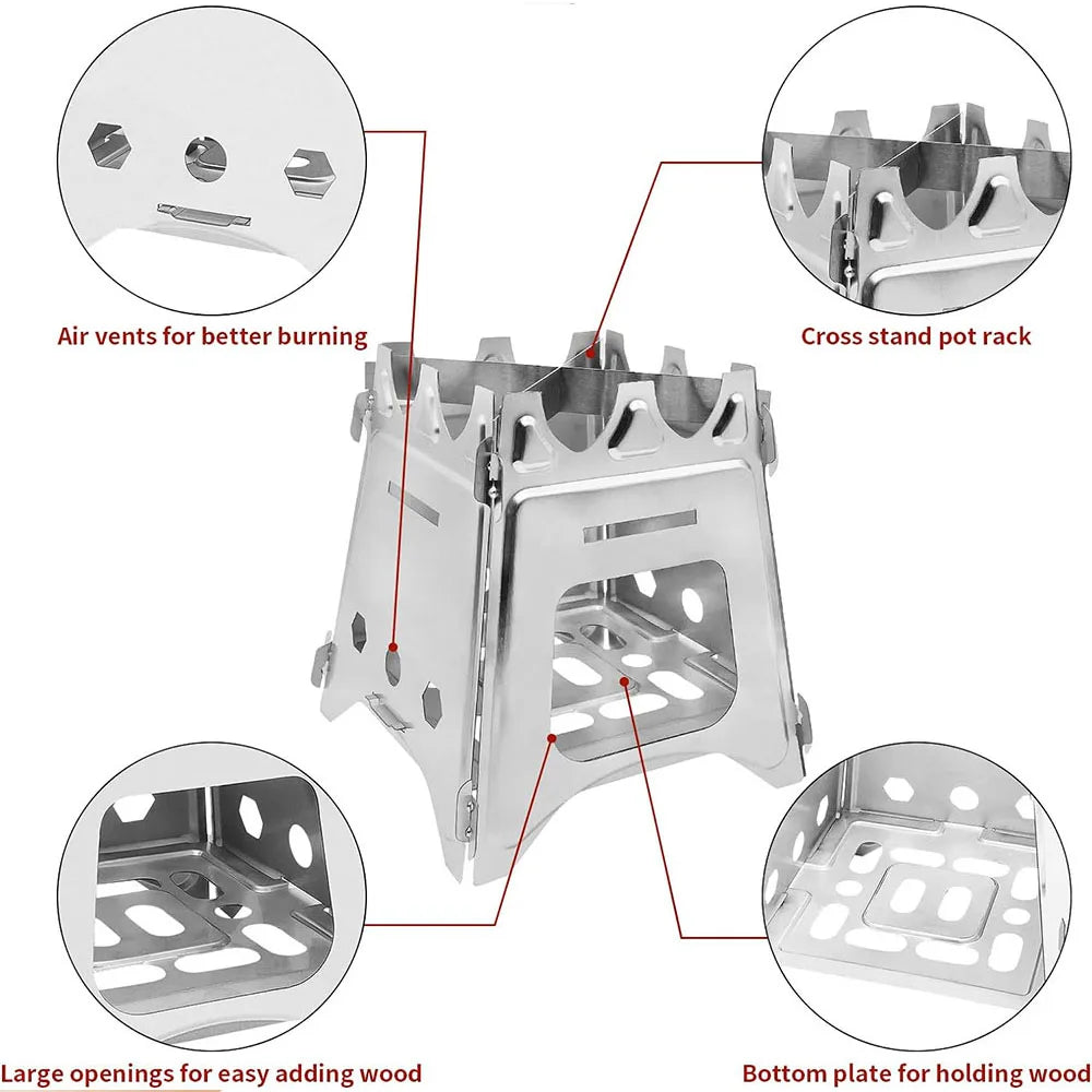 Portable Camping Wood Stove, Stainless Steel Folding Lightweight