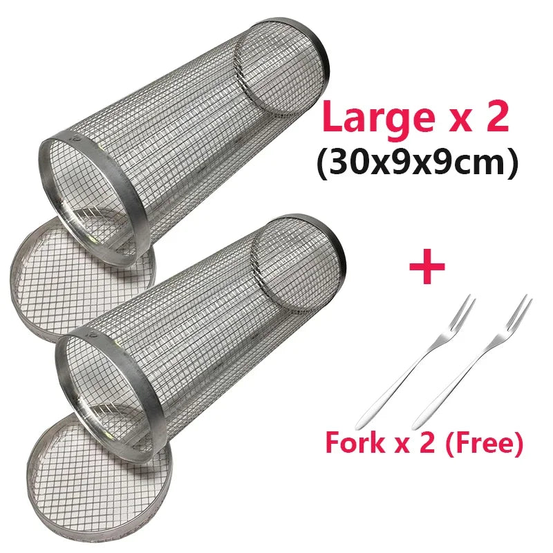 Rolling Grilling BBQ Basket Stainless Steel Leak proof Mesh Barbecue Rack Outdoor Picnic Camping Simple Cylindrical BBQ Grill