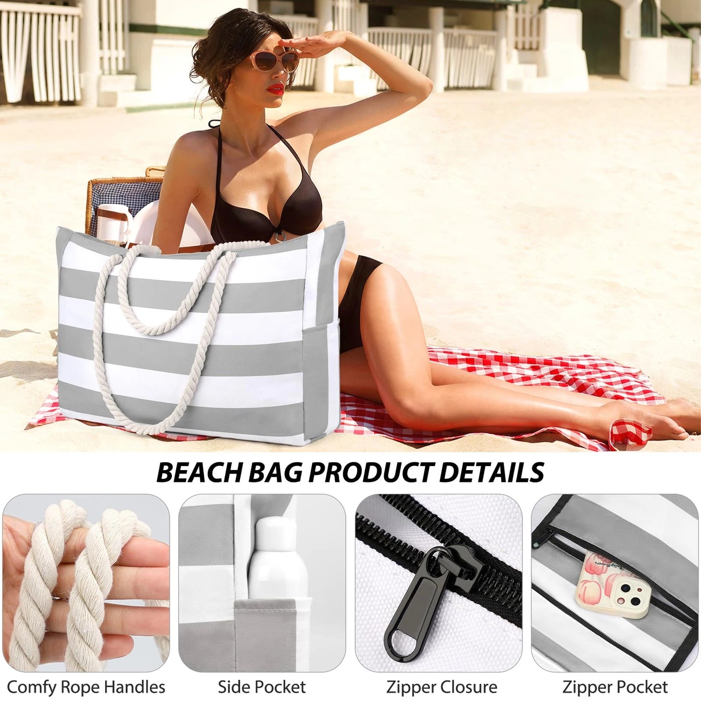 Striped zipper outer bag, waterproof and sand resistant canvas