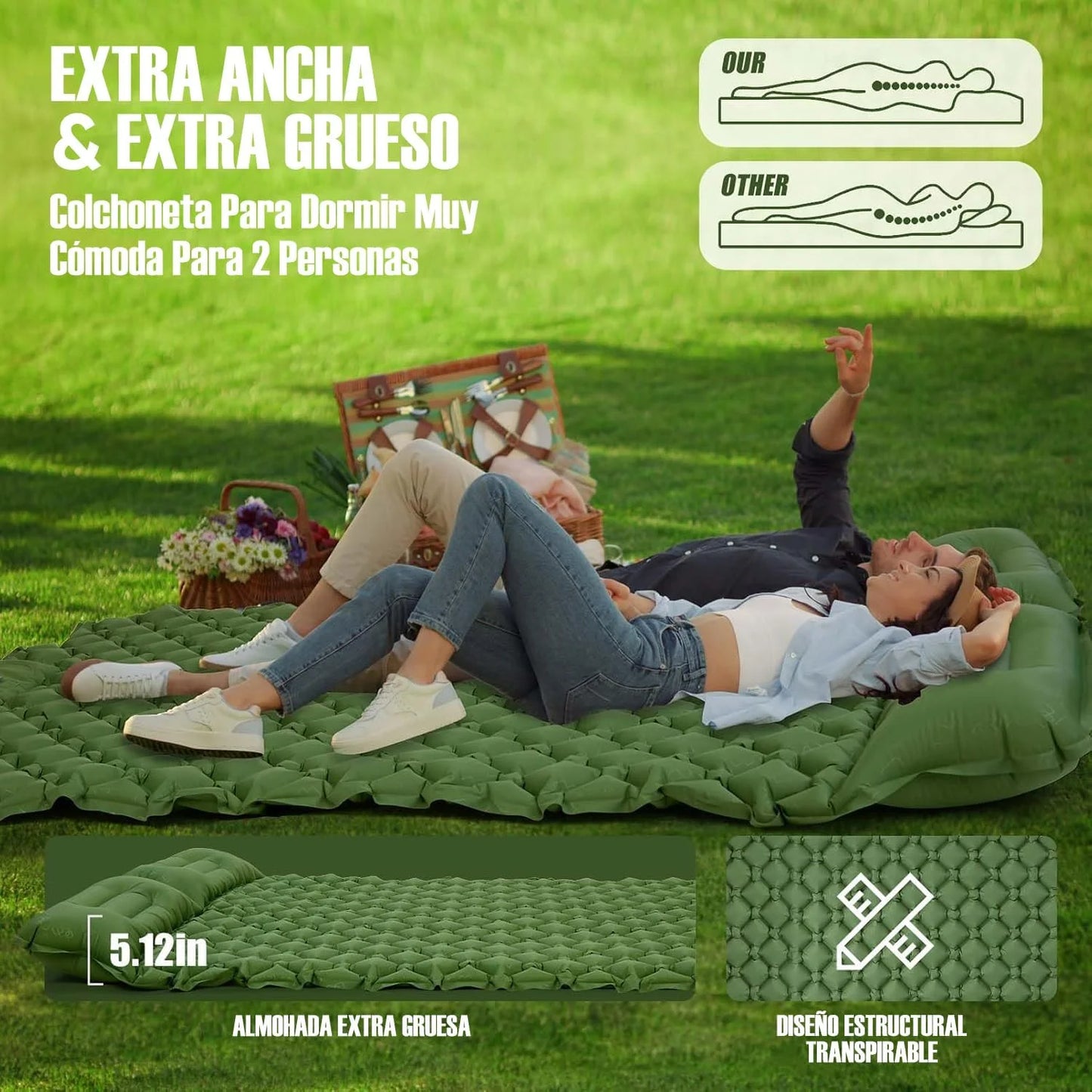 Outdoor Camping Double Inflatable Mattress Extra Wide Sleeping Pad Ultralight