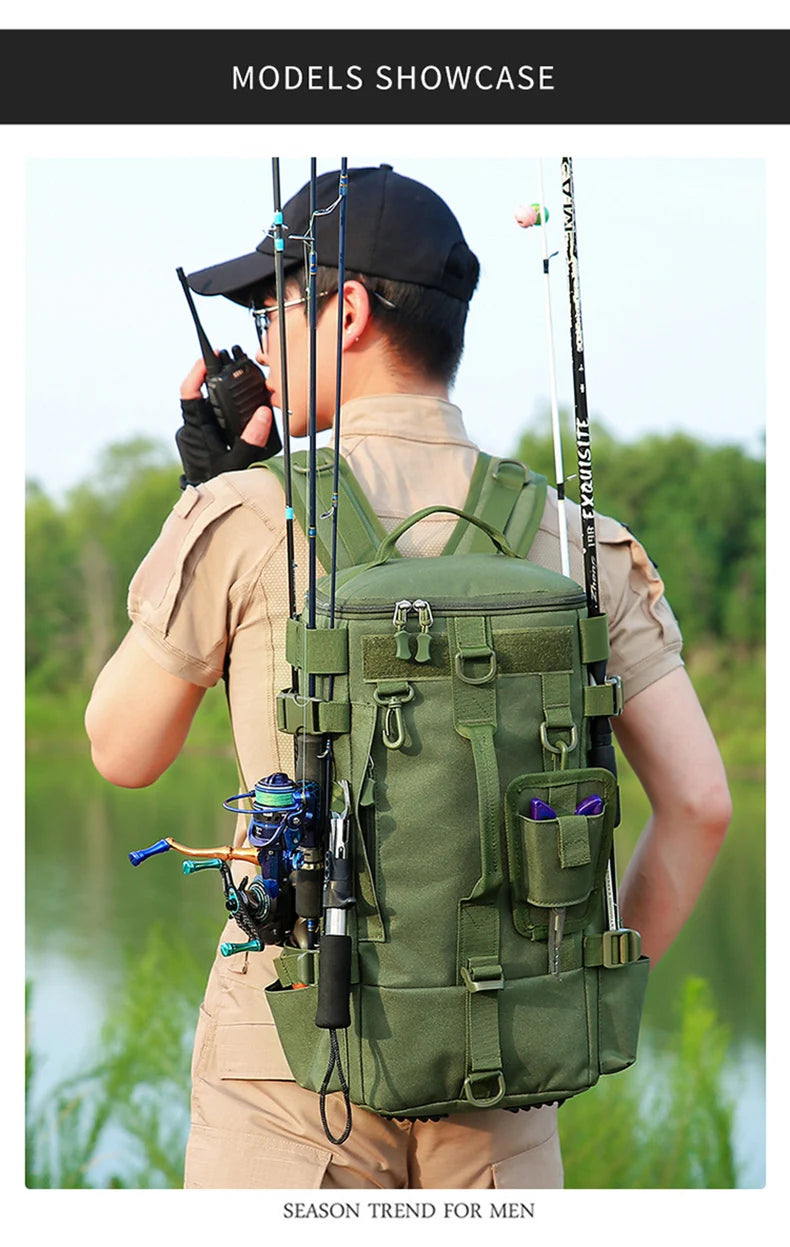 Tactical Fishing Backpack Tackle Bag with Rod Holders Fish Equipment Storage Molle Camping Hiking Outdoor Multifunctional Bag