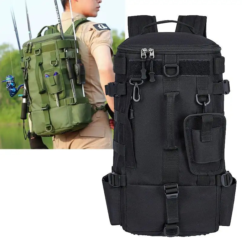 Tactical Fishing Backpack Tackle Bag with Rod Holders Fish Equipment Storage Molle Camping Hiking Outdoor Multifunctional Bag