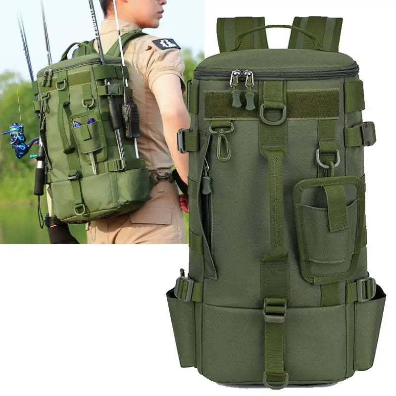 Tactical Fishing Backpack Tackle Bag with Rod Holders Fish Equipment Storage Molle Camping Hiking Outdoor Multifunctional Bag