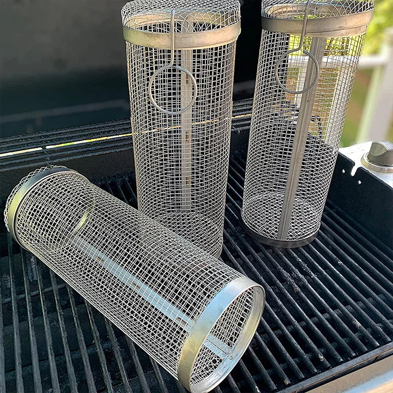 Rolling Grilling BBQ Basket Stainless Steel Leak proof Mesh Barbecue Rack Outdoor Picnic Camping Simple Cylindrical BBQ Grill