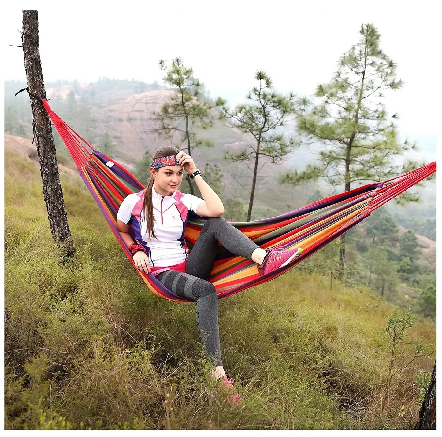 Double Hammock 2 Person Canvas Cotton Hammock with Tree Straps