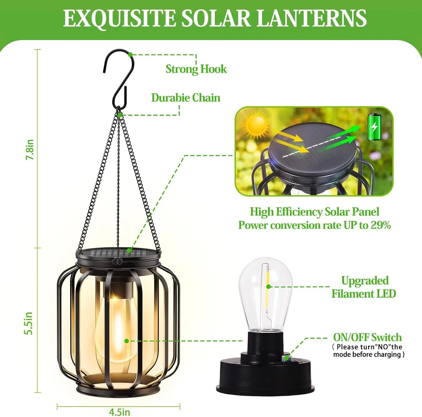Solar Powered Lantern Hanging Light with Hook