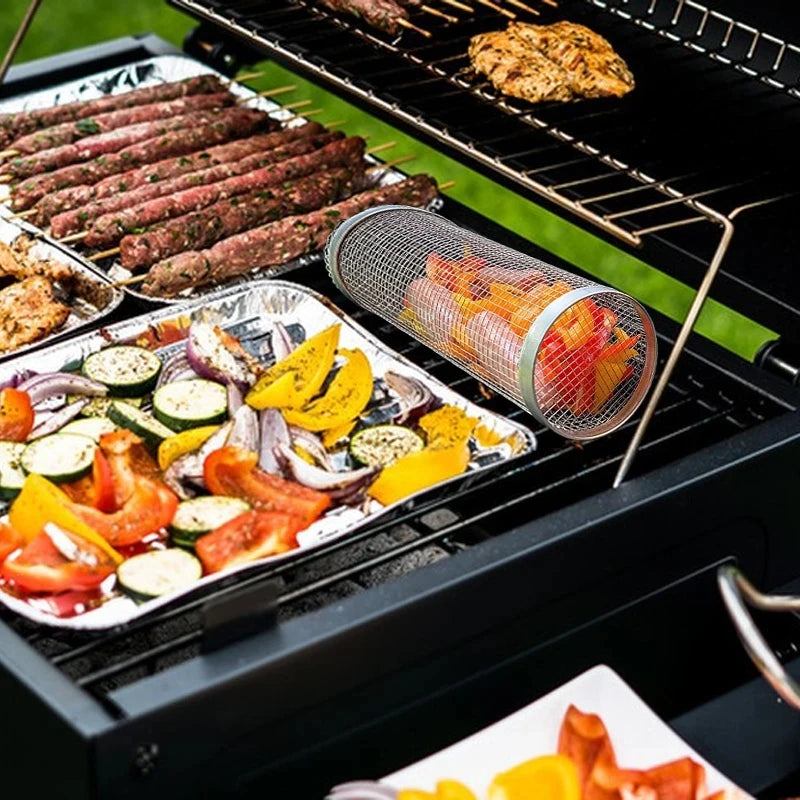 Rolling Grilling BBQ Basket Stainless Steel Leak proof Mesh Barbecue Rack Outdoor Picnic Camping Simple Cylindrical BBQ Grill