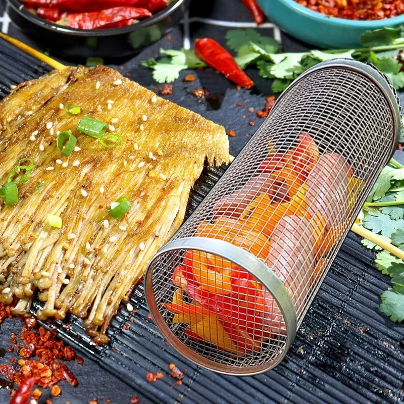 Rolling Grilling BBQ Basket Stainless Steel Leak proof Mesh Barbecue Rack Outdoor Picnic Camping Simple Cylindrical BBQ Grill